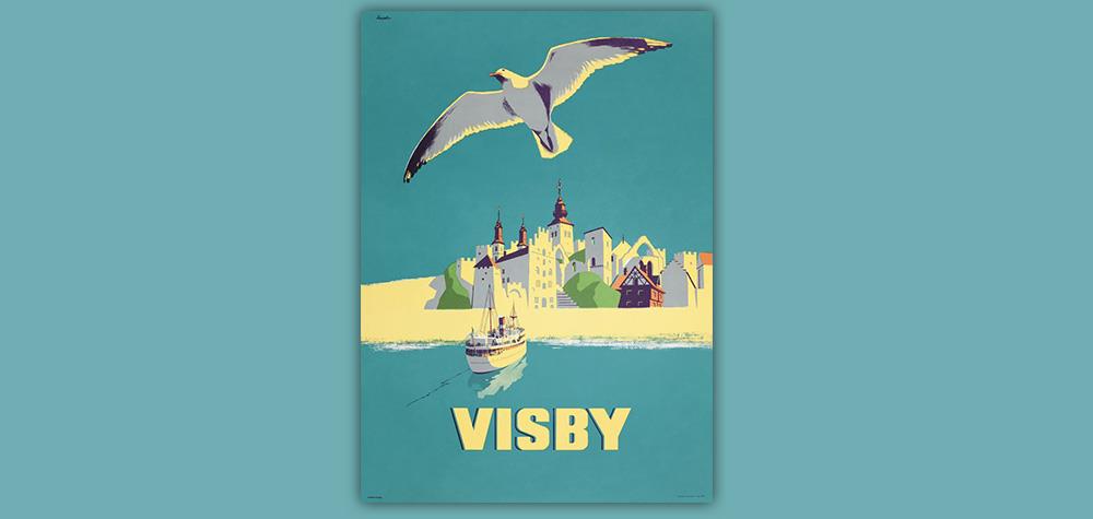 Affisch Visby med mås och båt 50x70